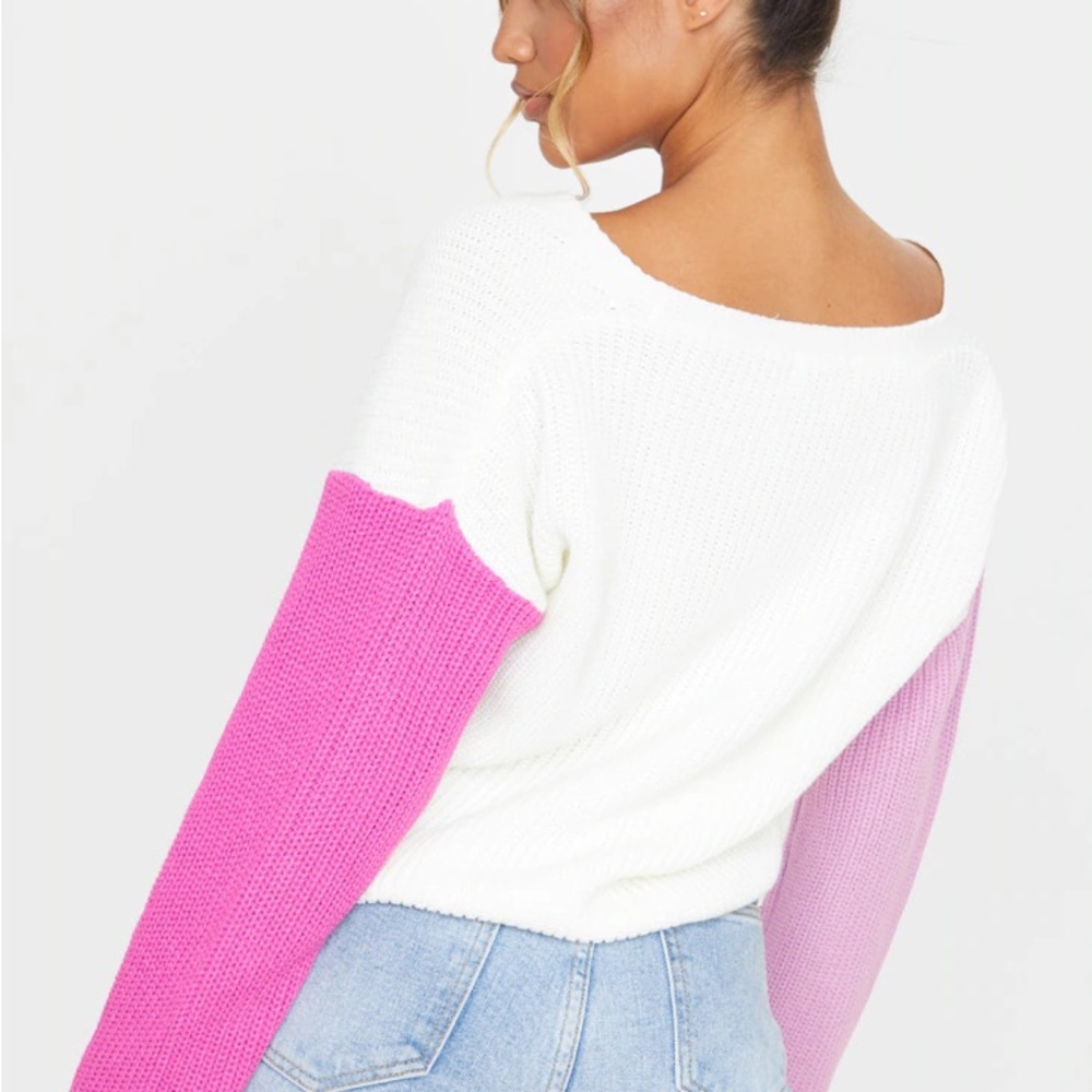 Large PrettyLittleThing White and Pink Sleeve Colorblock Button-Up Cardigan Cozy - Picture 3 of 12